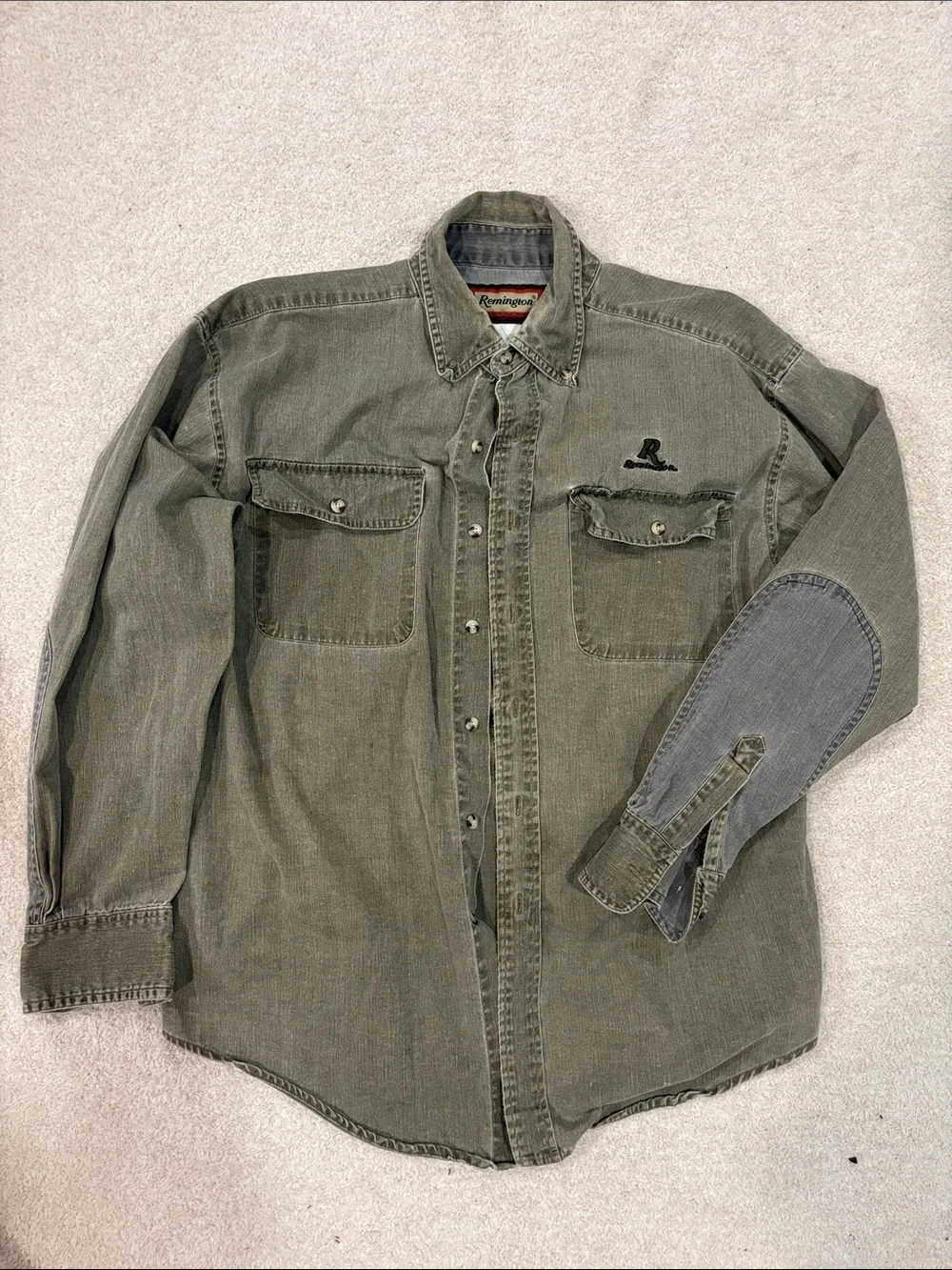 Remington Men's Olive Green Work Shirt Jacket with Contrast Elbow Patch